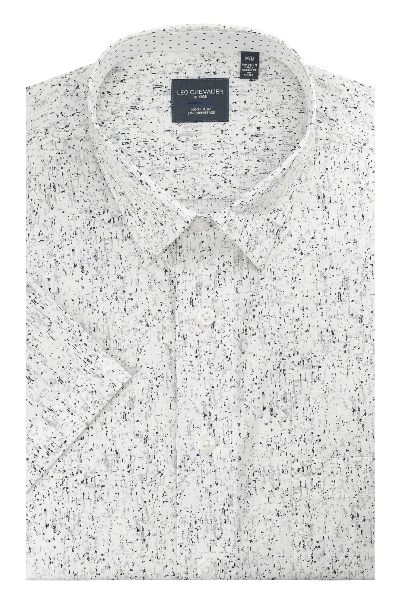 Grey and White Abstract Print Short Sleeve No-Iron Cotton Sport Shirt with Hidden Button Down Collar by Leo Chevalier