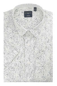 Grey and White Abstract Print Short Sleeve No-Iron Cotton Sport Shirt with Hidden Button Down Collar by Leo Chevalier