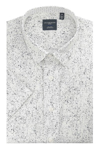 Grey and White Abstract Print Short Sleeve No-Iron Cotton Sport Shirt with Hidden Button Down Collar by Leo Chevalier
