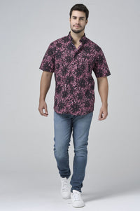 Large Floral Print Short Sleeve No-Iron Cotton Sport Shirt with Hidden Button Down Collar by Leo Chevalier