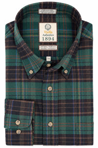 Brown and Green Multi Plaid Cotton and Cashmere Blend '1894 Authentics' Button-Down Shirt by Viyella
