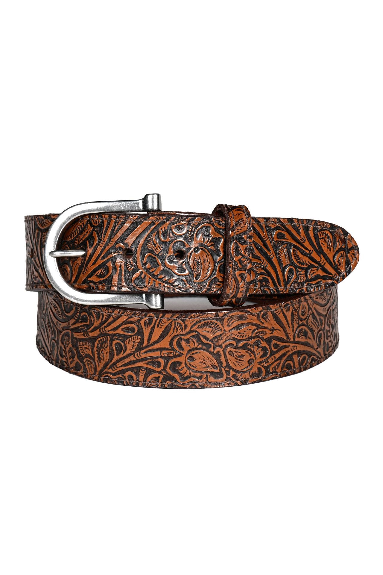 Western Tooled Cowhide Leather Belt with Removable Horseshoe Buckle in Antique Cognac by Torino Leather