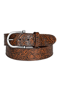 Western Tooled Cowhide Leather Belt with Removable Horseshoe Buckle in Antique Cognac by Torino Leather