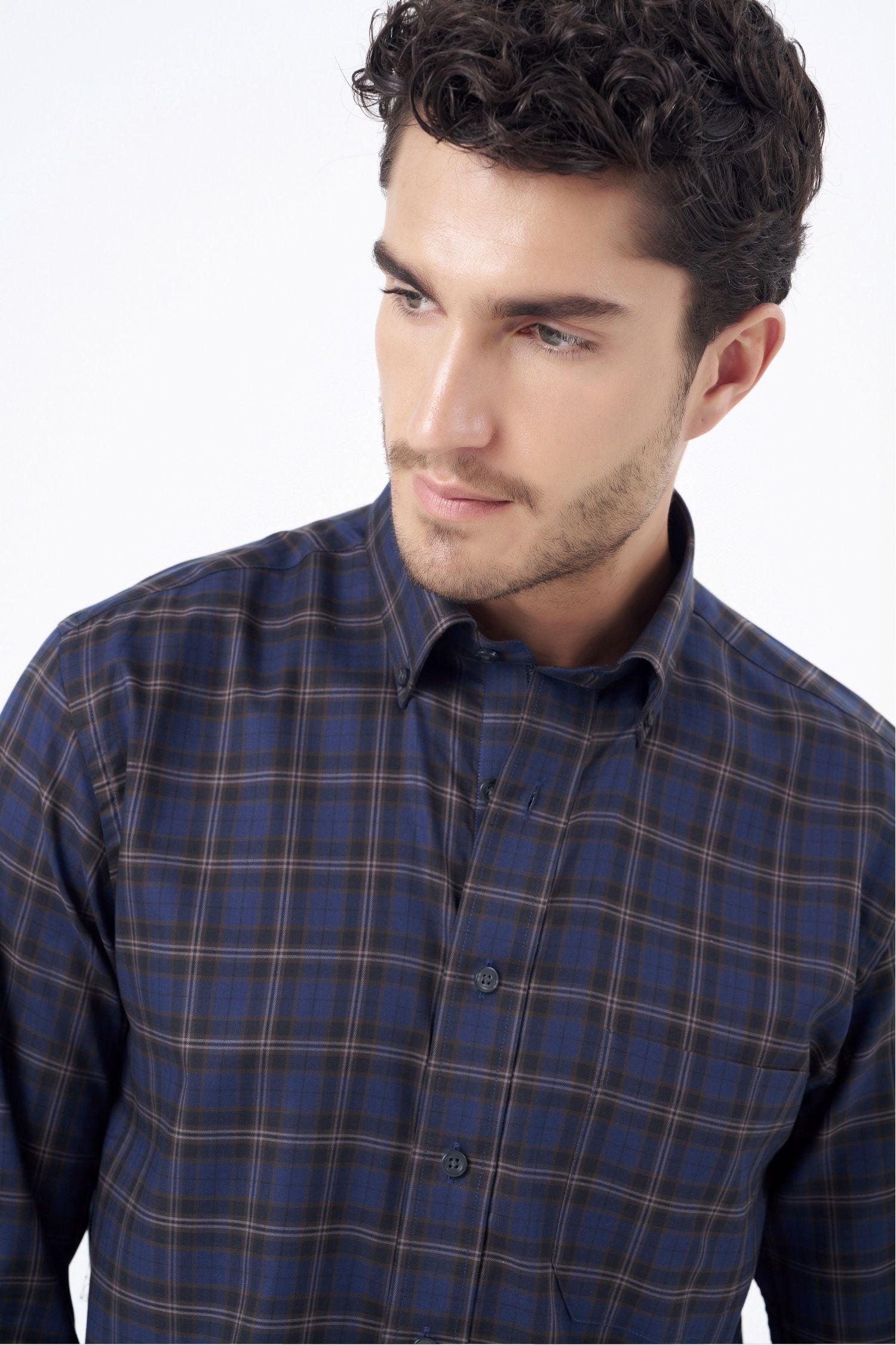 Navy and Brown Herringbone Plaid Cotton Sport Shirt with Button Down Collar by Leo Chevalier