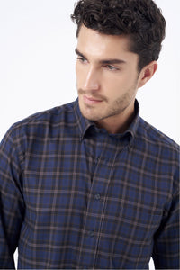 Navy and Brown Herringbone Plaid Cotton Sport Shirt with Button Down Collar by Leo Chevalier