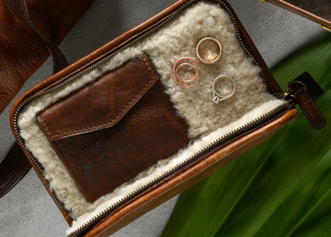 Shearling Lined Accessories Case in Titan Milled Brown by Moore & Giles