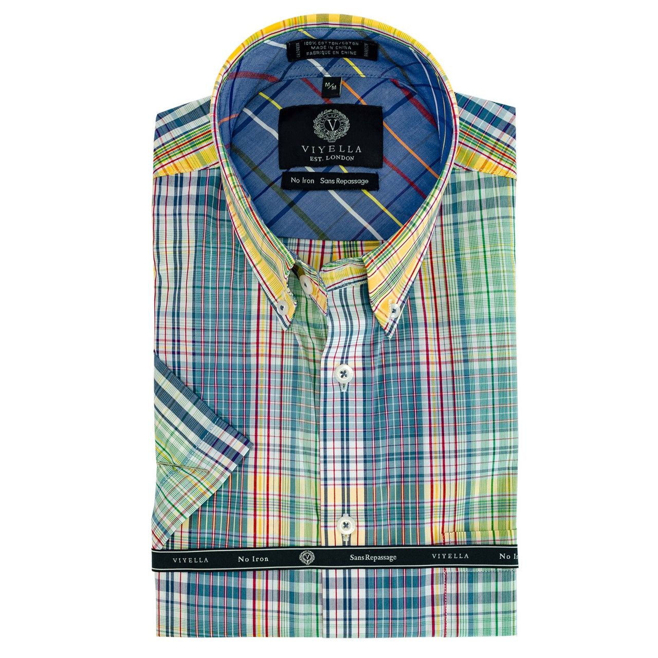 Multi Blue, Green, and Lemon Plaid Cotton Wrinkle-Free Button-Down Shirt by Viyella