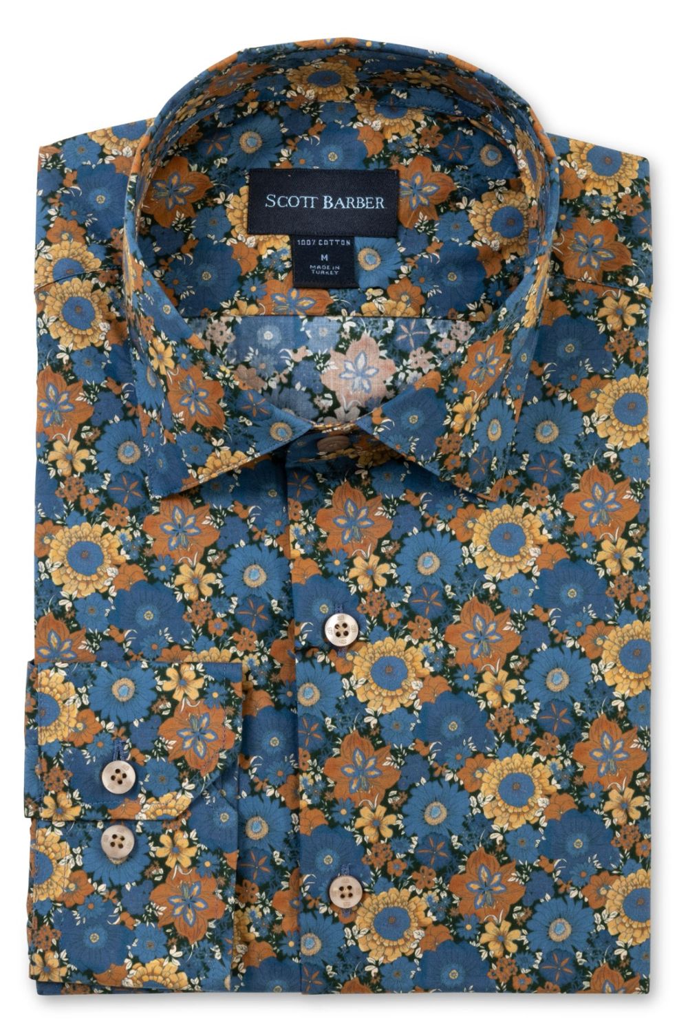 Italian Bold Floral Print Long Sleeve Sport Shirt in Blue, Bronze, and Mustard by Scott Barber