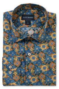 Italian Bold Floral Print Long Sleeve Sport Shirt in Blue, Bronze, and Mustard by Scott Barber