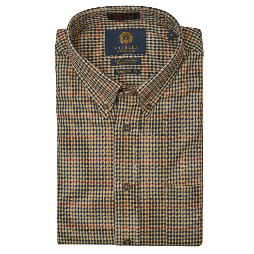 Tan and Navy Check Cotton and Wool Blend Button-Down Shirt by Viyella