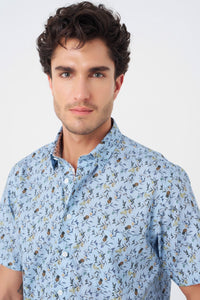 Light Blue Tropical Print Sleeve No-Iron Cotton Sport Shirt with Hidden Button Down Collar by Leo Chevalier