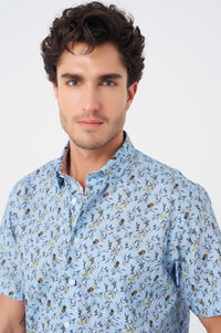 Light Blue Tropical Print Sleeve No-Iron Cotton Sport Shirt with Hidden Button Down Collar by Leo Chevalier