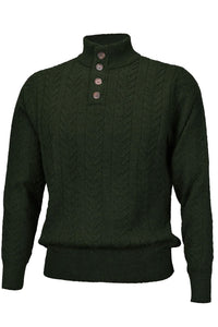 Royal Alpaca Cable Knit Button-Mock Sweater in Hunter Green Heather by Peru Unlimited