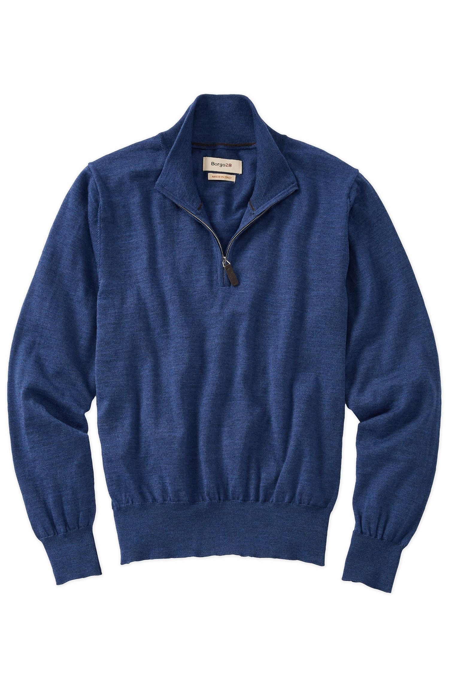 Italian Pure Merino Wool Quarter-Zip Sweater in Deep Blue Mélange by Borgo28