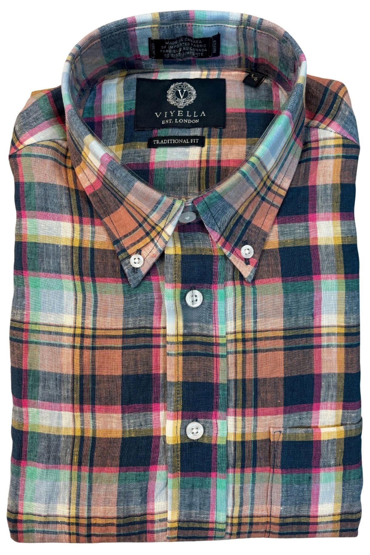 Navy and Orange Multi Plaid Linen Short Sleeve Sport Shirt by Viyella