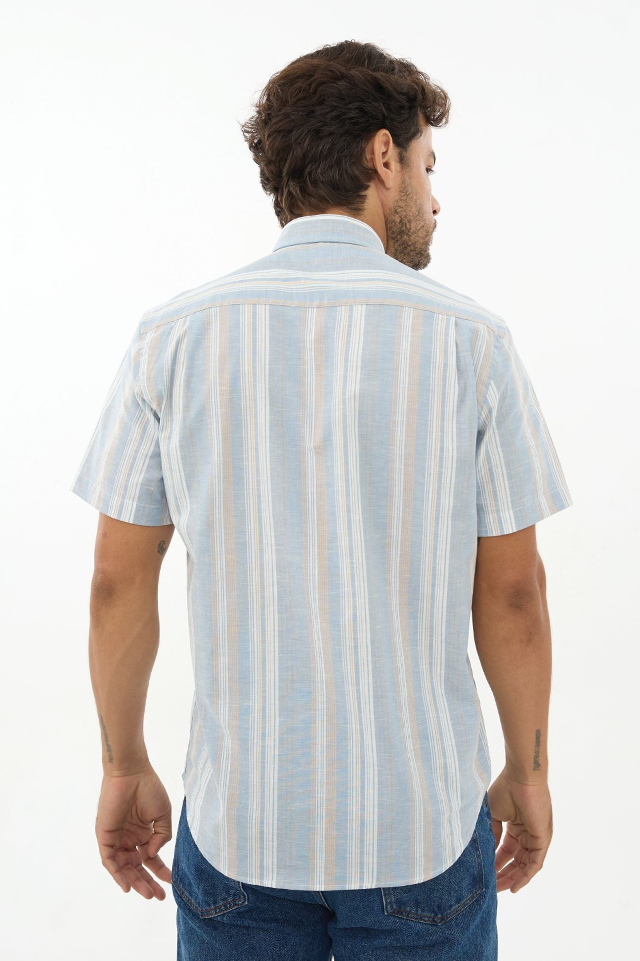 Blue, Sand, and White Stripe Linen-Look Cotton Short Sleeve Sport Shirt with Button-Down Collar by Leo Chevalier