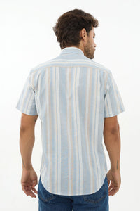 Blue, Sand, and White Stripe Linen-Look Cotton Short Sleeve Sport Shirt with Button-Down Collar by Leo Chevalier