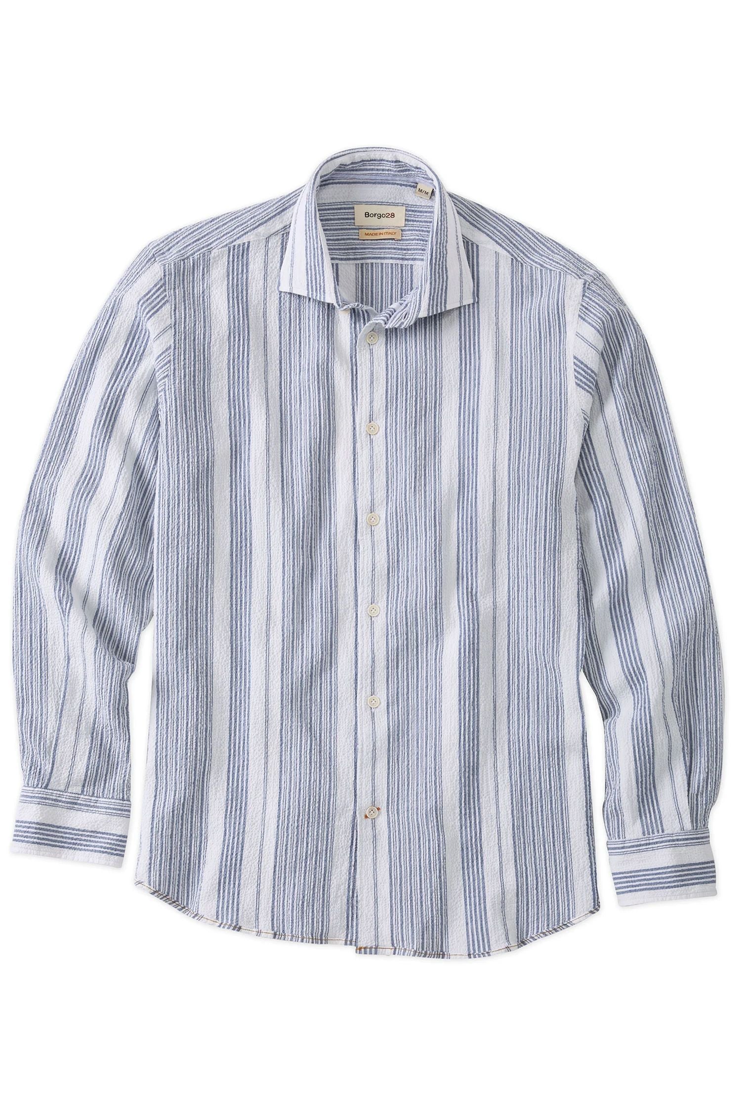 Italian Seersucker Stripe Long Sleeve Sport Shirt in Blue by Borgo28