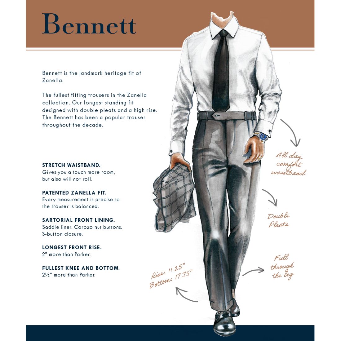 Bennett Double Pleated Super 120s Wool Serge Trouser in Medium Brown (Full Fit) by Zanella