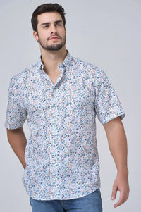 Pastel Mini Floral Print Short Sleeve No-Iron Cotton Sport Shirt with Hidden Button Down Collar by Leo Chevalier