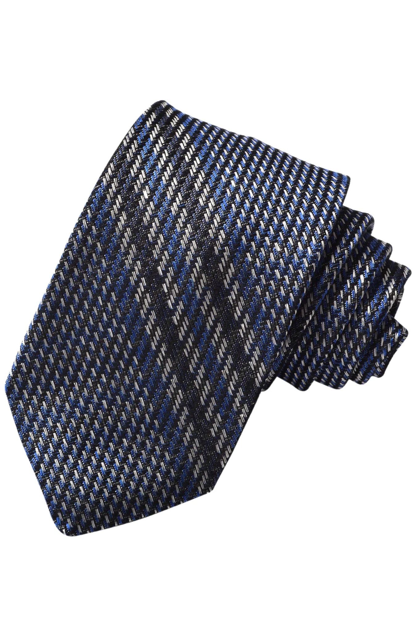 French Blue, Navy, and Latte Herringbone Double Bar Stripe Silk, Linen, and Cotton Woven Jacquard Tie by Dion Neckwear