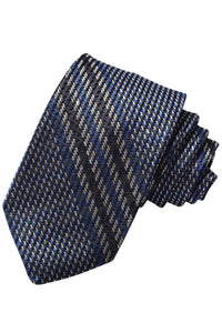 French Blue, Navy, and Latte Herringbone Double Bar Stripe Silk, Linen, and Cotton Woven Jacquard Tie by Dion Neckwear