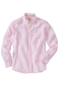 Banded Collar Micro Stripe Linen Long Sleeve Sport Shirt in Pink by Borgo28