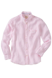 Banded Collar Micro Stripe Linen Long Sleeve Sport Shirt in Pink by Borgo28