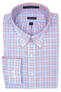 'Jayden' Blue and Orange Check Long Sleeve Beyond Non-Iron® Cotton Sport Shirt (Tailored Fit) by Batton