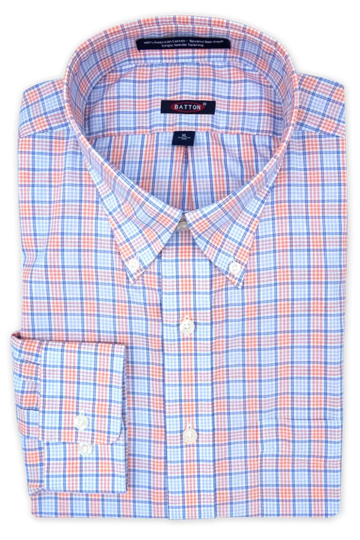 'Jayden' Blue and Orange Check Long Sleeve Beyond Non-Iron® Cotton Sport Shirt (Tailored Fit) by Batton