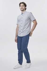 Multi Grey Mini Neat Geometric Short Sleeve No-Iron Cotton Sport Shirt with Hidden Button Down Collar by Leo Chevalier