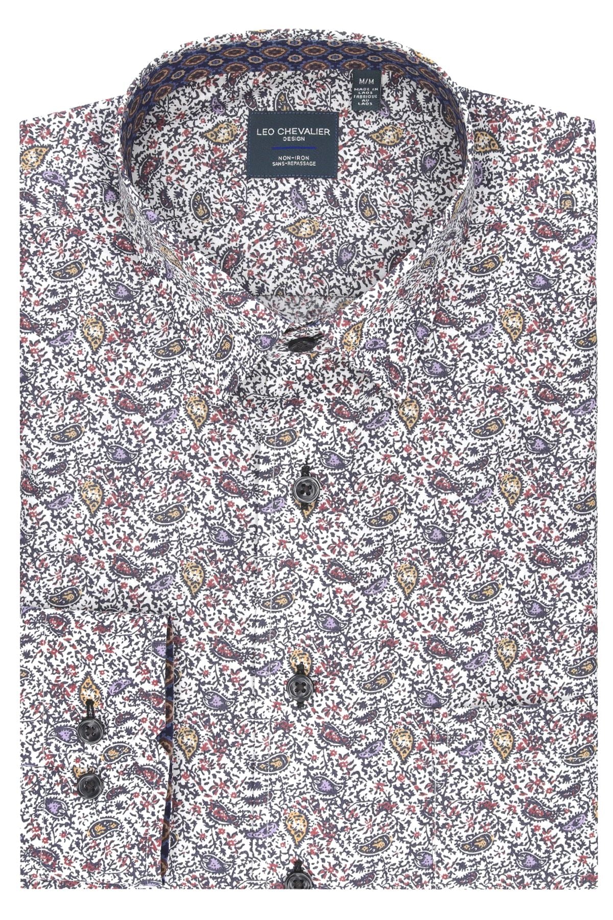 Multi Print Cotton Sport Shirt with Hidden Button Down Collar by Leo Chevalier