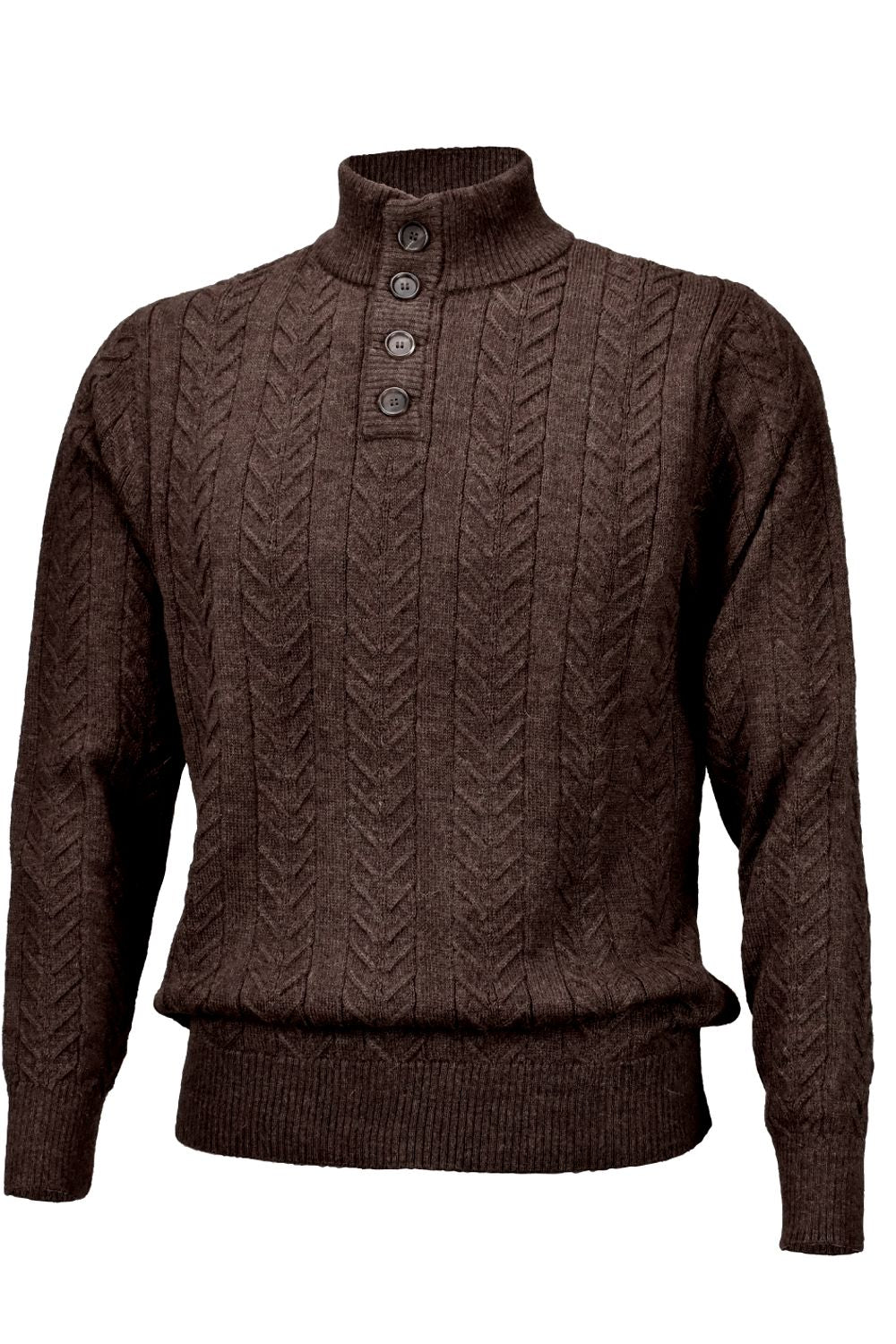 Royal Alpaca Cable Knit Button-Mock Sweater in Chocolate Heather by Peru Unlimited
