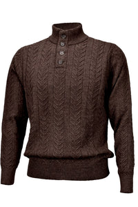 Royal Alpaca Cable Knit Button-Mock Sweater in Chocolate Heather by Peru Unlimited