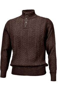 Royal Alpaca Cable Knit Button-Mock Sweater in Chocolate Heather by Peru Unlimited