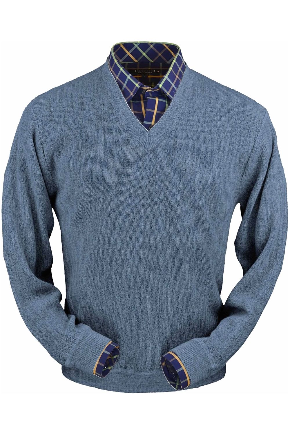 Baby Alpaca 'Links Stitch' V-Neck Sweater in Sky Heather by Peru Unlimited