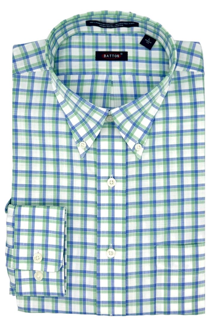 'Dayton' Green, Blue, and White Check Long Sleeve Beyond Non-Iron® Cotton Sport Shirt by Batton