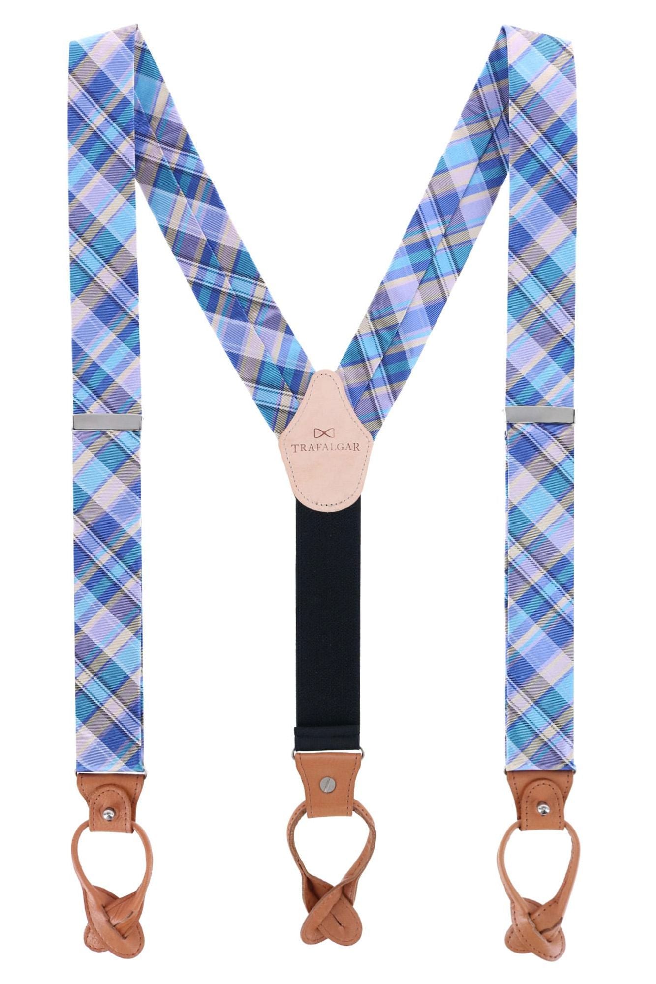 Blue Multi Plaid Silk Formal Button End Braces by Trafalgar