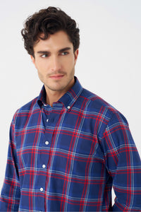 Navy and Red Plaid Cotton Sport Shirt with Button Down Collar by Leo Chevalier