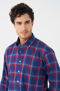 Navy and Red Plaid Cotton Sport Shirt with Button Down Collar by Leo Chevalier