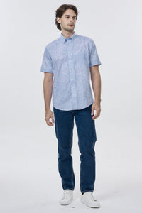 Light Blue and White Speckled Print Short Sleeve No-Iron Cotton Sport Shirt with Hidden Button Down Collar by Leo Chevalier