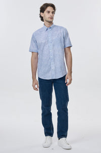 Light Blue and White Speckled Print Short Sleeve No-Iron Cotton Sport Shirt with Hidden Button Down Collar by Leo Chevalier