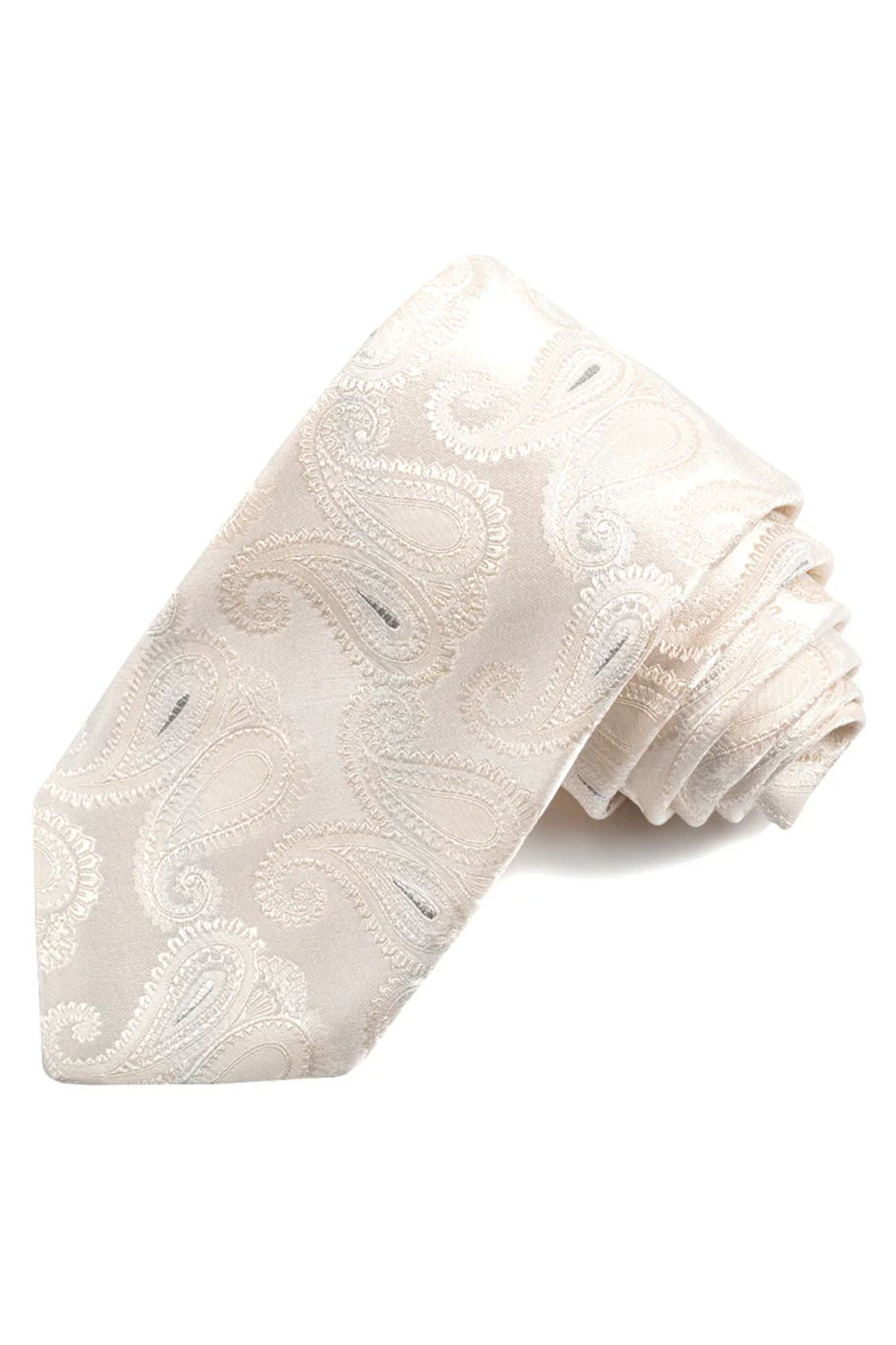 Off White with Metallic Silver Large Teardrop Paisley Formal Woven Silk Jacquard Tie by Dion Neckwear