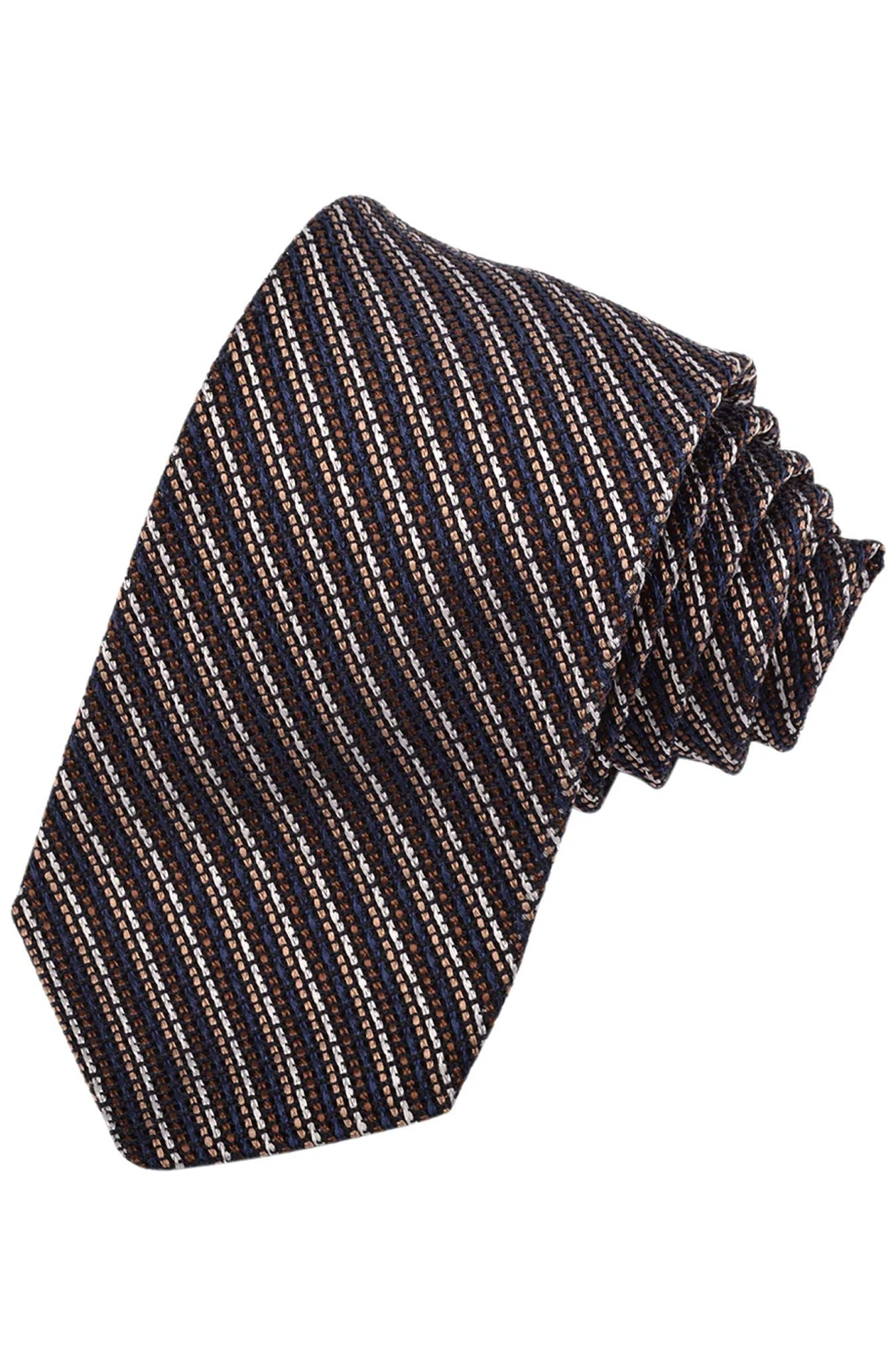 Mocha, Navy, and Tan Fine Line Bar Stripe Italian Garza Grossa Grenadine Silk Tie by Dion Neckwear
