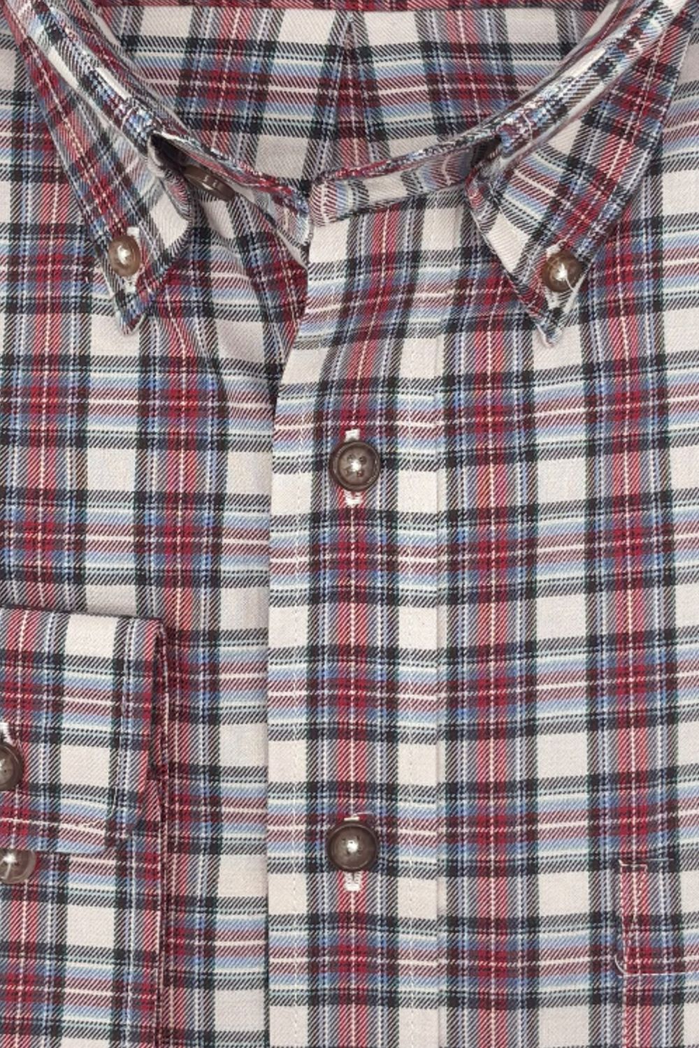 Chambray Blue, Red, Grey, and Aqua Plaid Cotton and Wool Blend Button-Down Shirt by Viyella