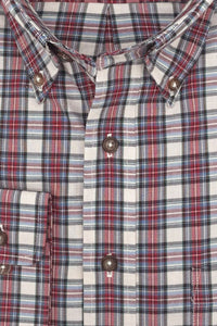 Chambray Blue, Red, Grey, and Aqua Plaid Cotton and Wool Blend Button-Down Shirt by Viyella
