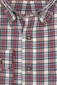 Chambray Blue, Red, Grey, and Aqua Plaid Cotton and Wool Blend Button-Down Shirt by Viyella