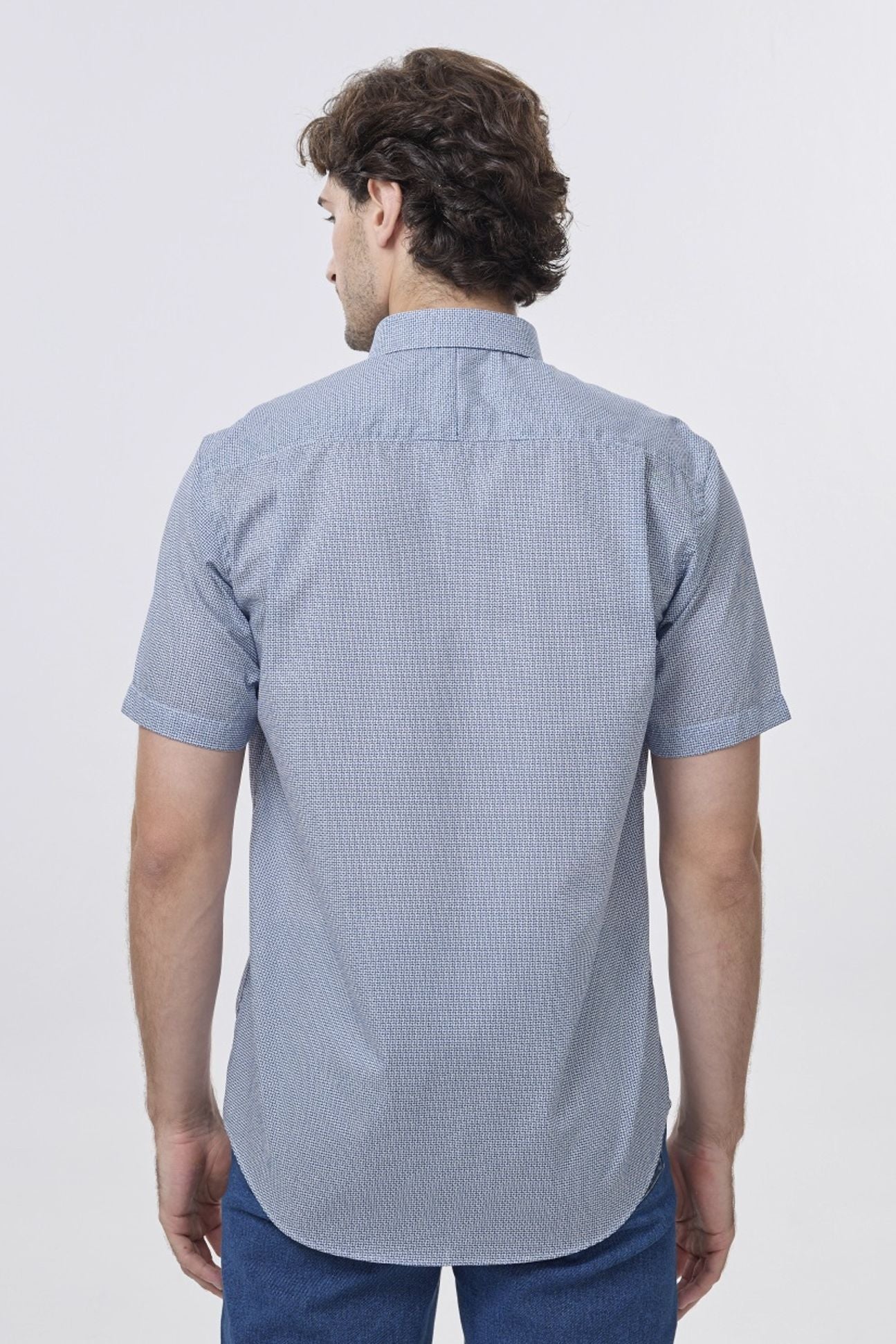 Blue and White Neat Grid Short Sleeve No-Iron Cotton Sport Shirt with Hidden Button Down Collar by Leo Chevalier