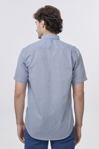 Blue and White Neat Grid Short Sleeve No-Iron Cotton Sport Shirt with Hidden Button Down Collar by Leo Chevalier