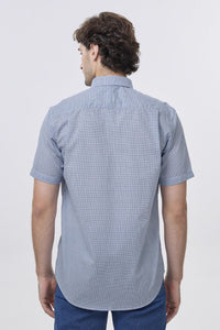 Blue and White Neat Grid Short Sleeve No-Iron Cotton Sport Shirt with Hidden Button Down Collar by Leo Chevalier